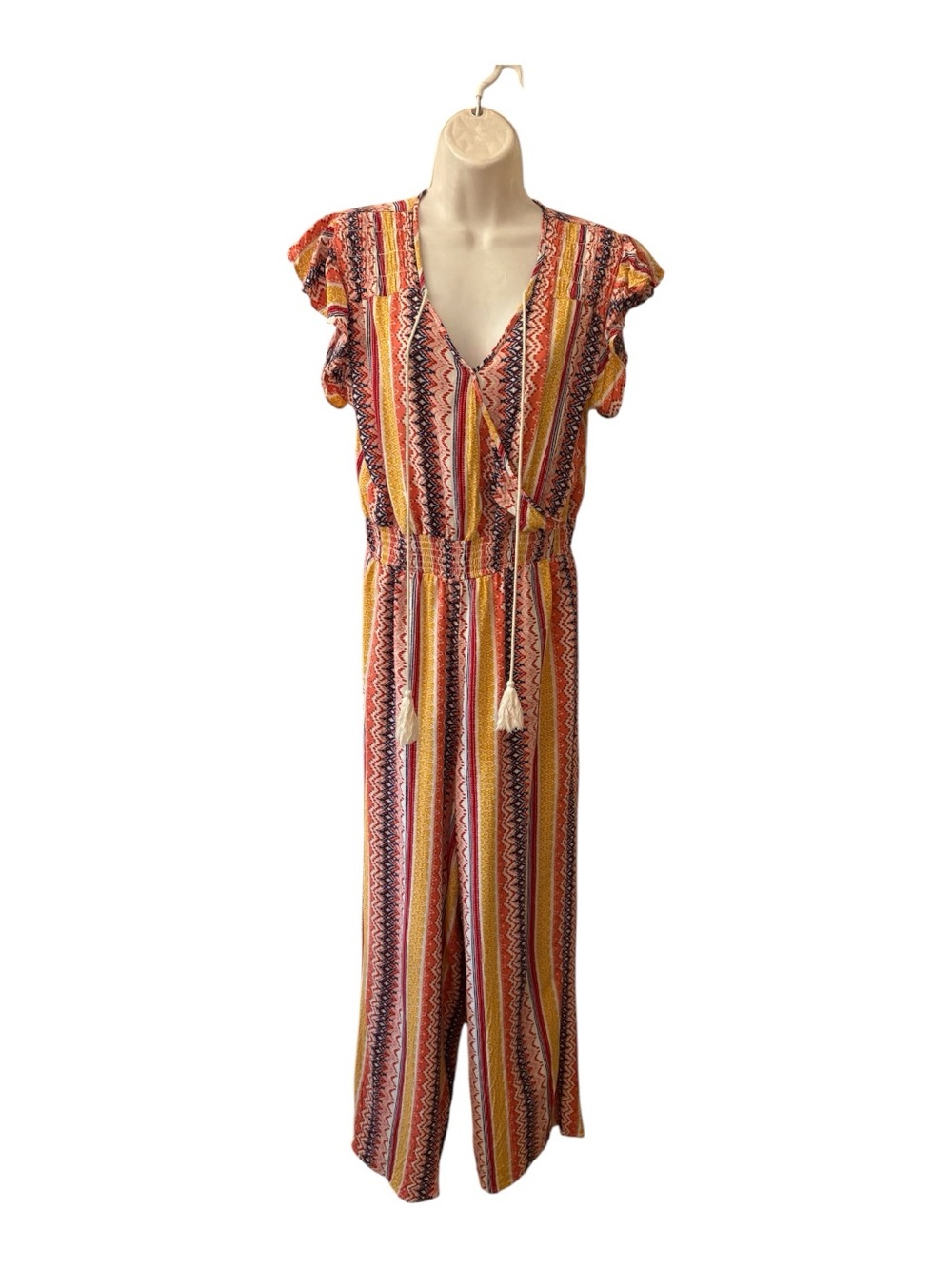Boho Striped V-Neck Tie-Waist Jumpsuit